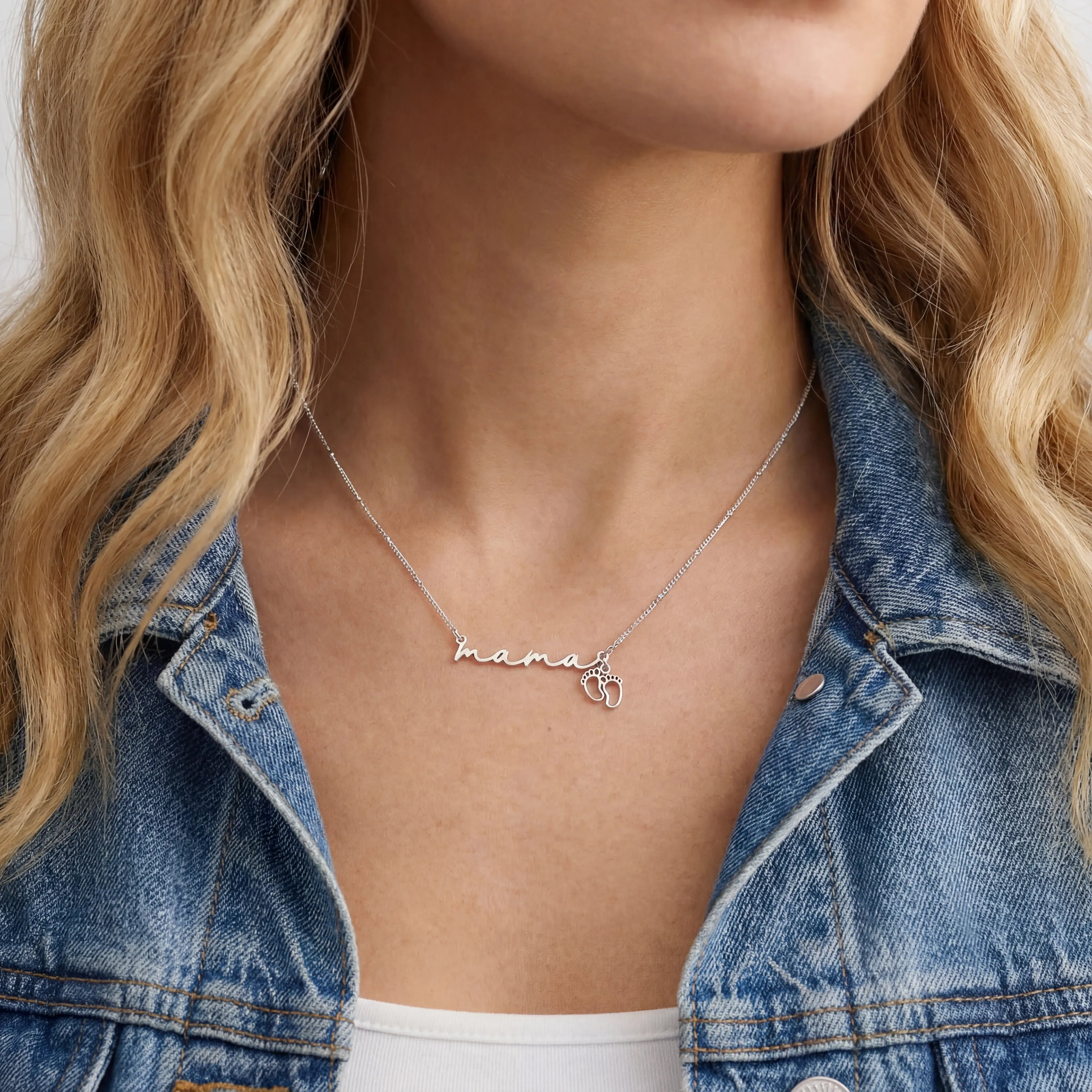 Mama Necklace with Baby Feet Charm - Sterling Silver / Style 3
