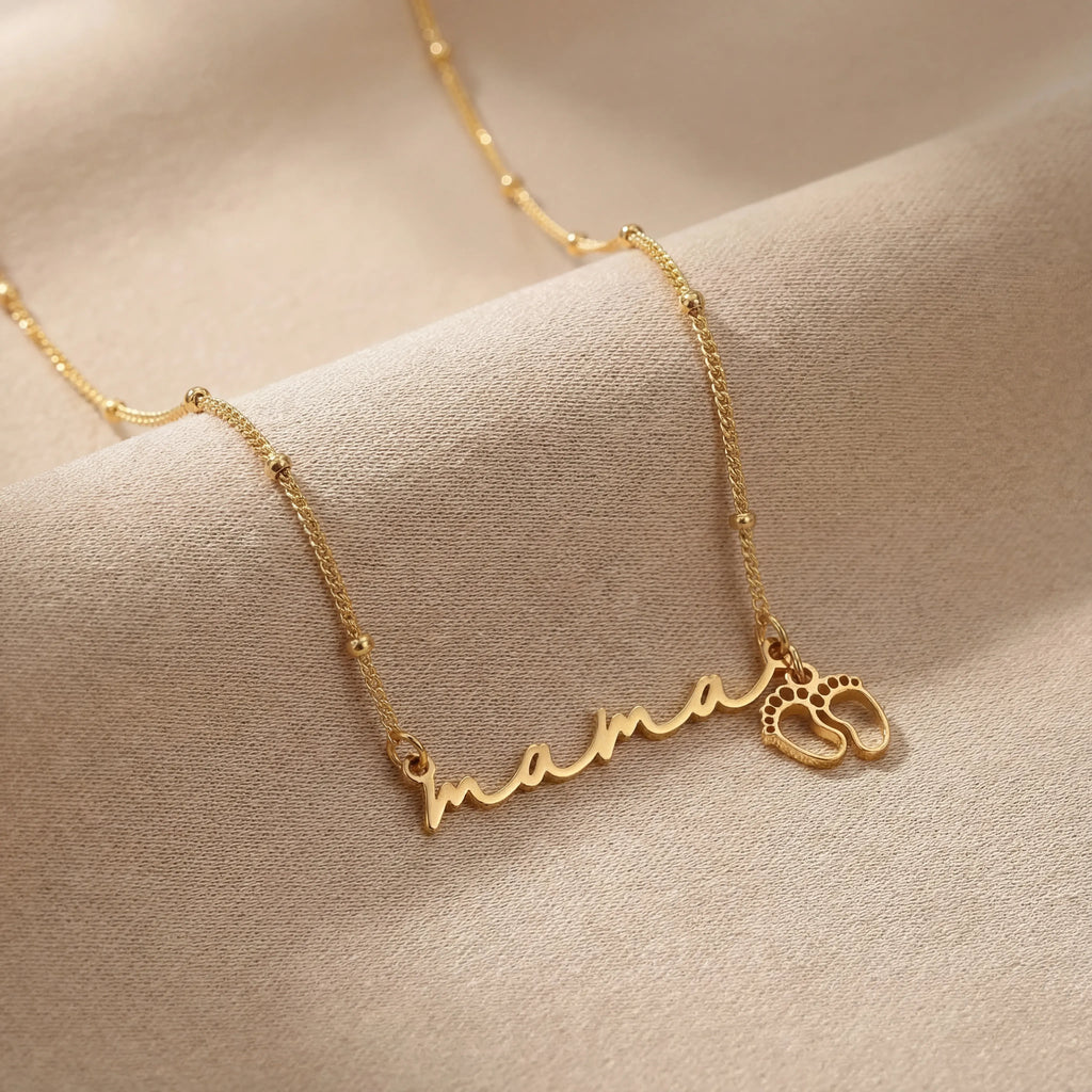 Mama Necklace with Baby Feet Charm - Sterling Silver / Style 3
