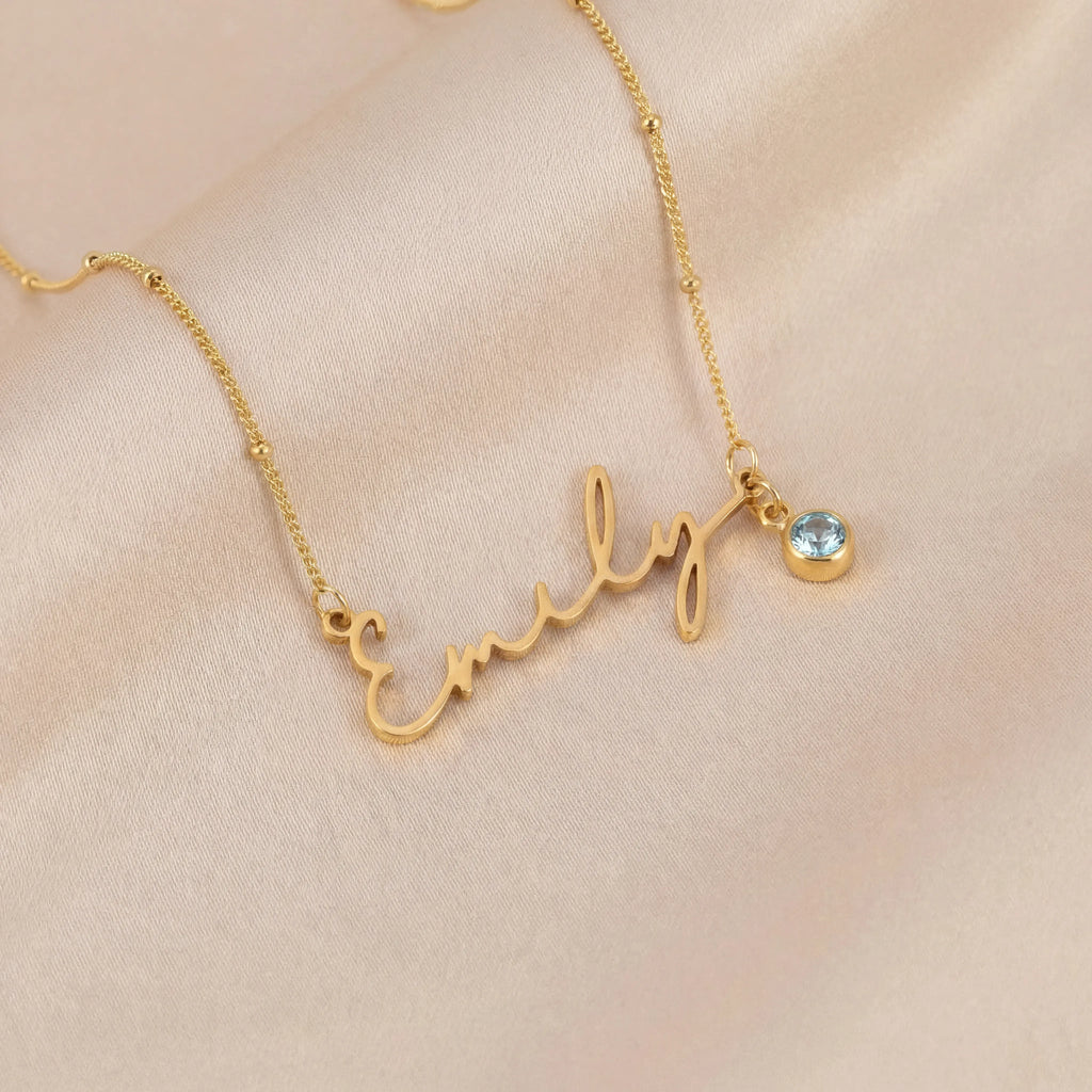 Personalised Name Necklace & Birthstone - 18ct Gold / Style 3