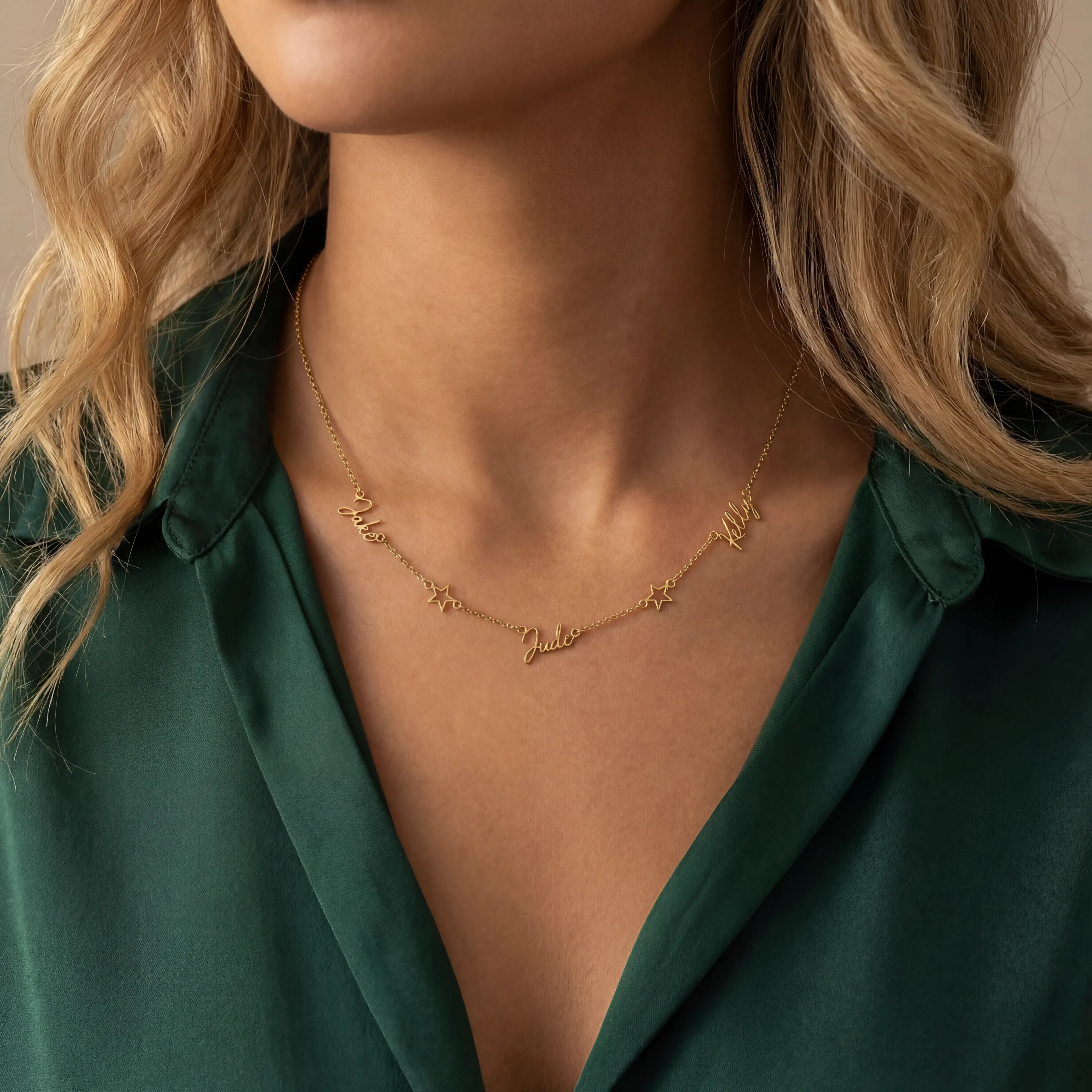 Triple Name Necklace with Two Stars - Vermeil / Style 2