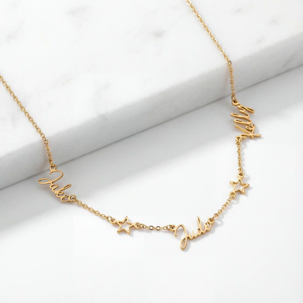 Triple Name Necklace with Two Stars - Vermeil / Style 2