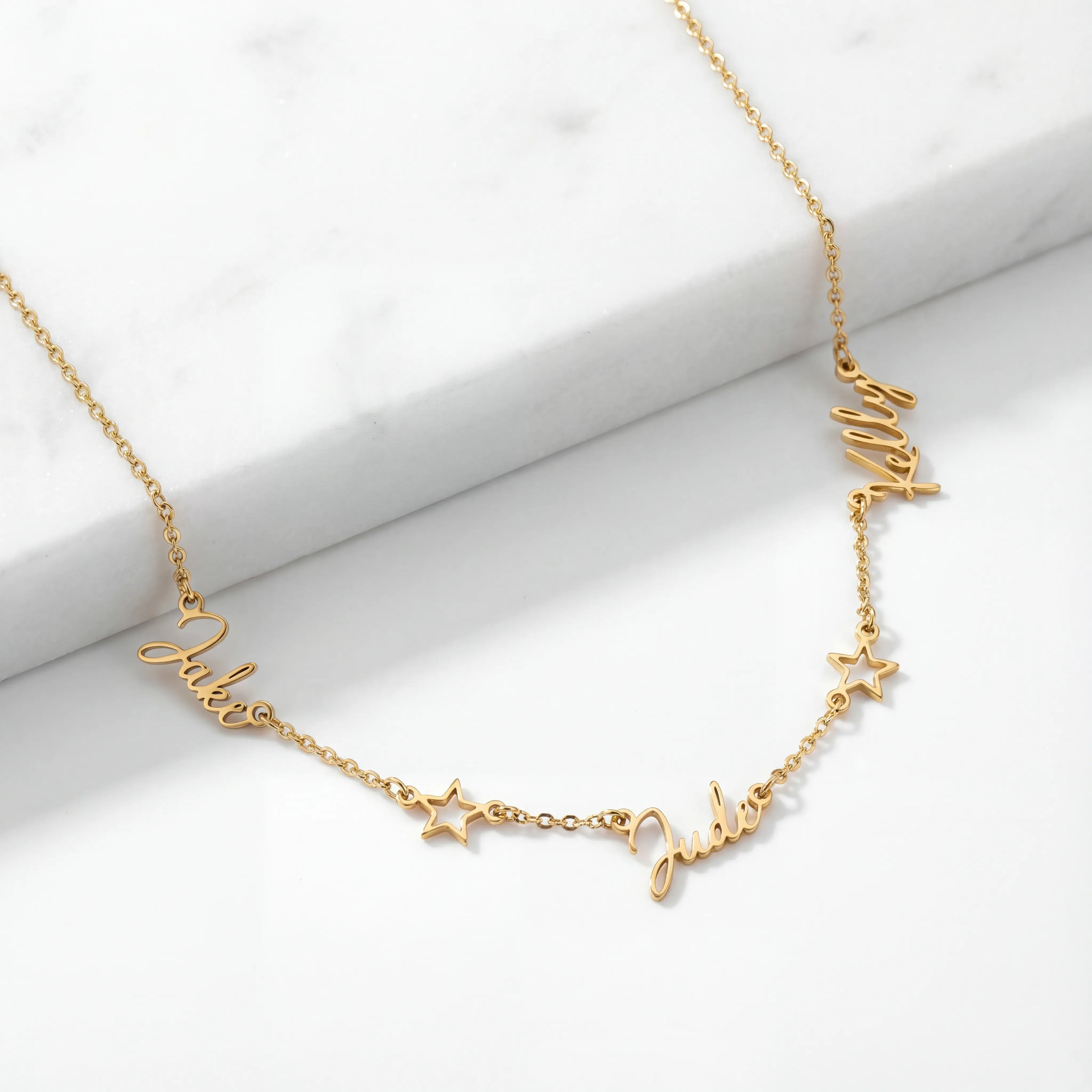 Triple Name Necklace with Two Stars - Vermeil / Style 2