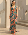 Teal & Rust Floral Printed Sari Set By KYNAH, Luxury Indian Fashion & Bridal Wear