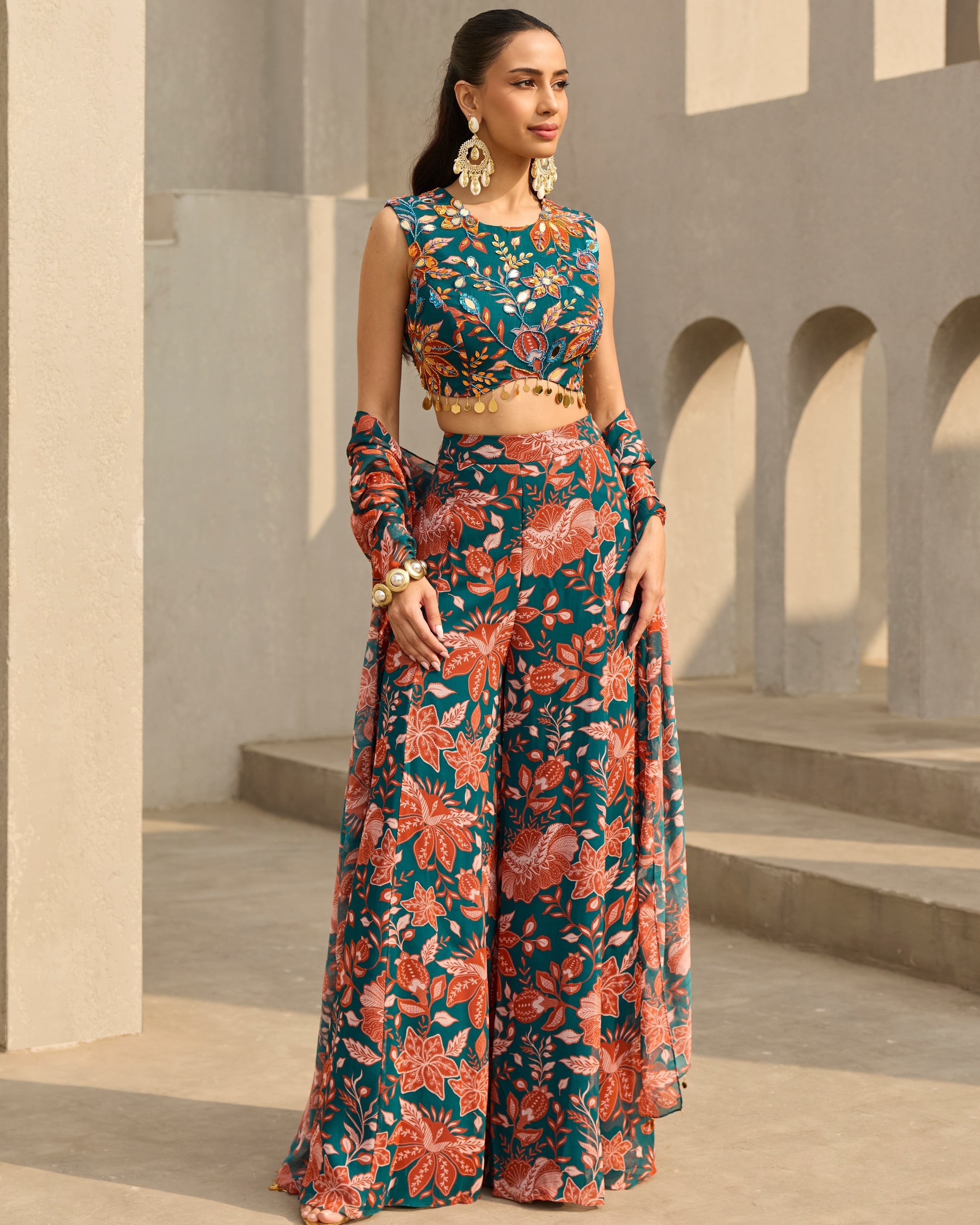 Teal & Rust Floral Printed Sharara Set By KYNAH, Luxury Indian Fashion & Bridal Wear