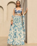 Ivory & Blue Floral Printed Lehenga Set By KYNAH, Luxury Indian Fashion & Bridal Wear