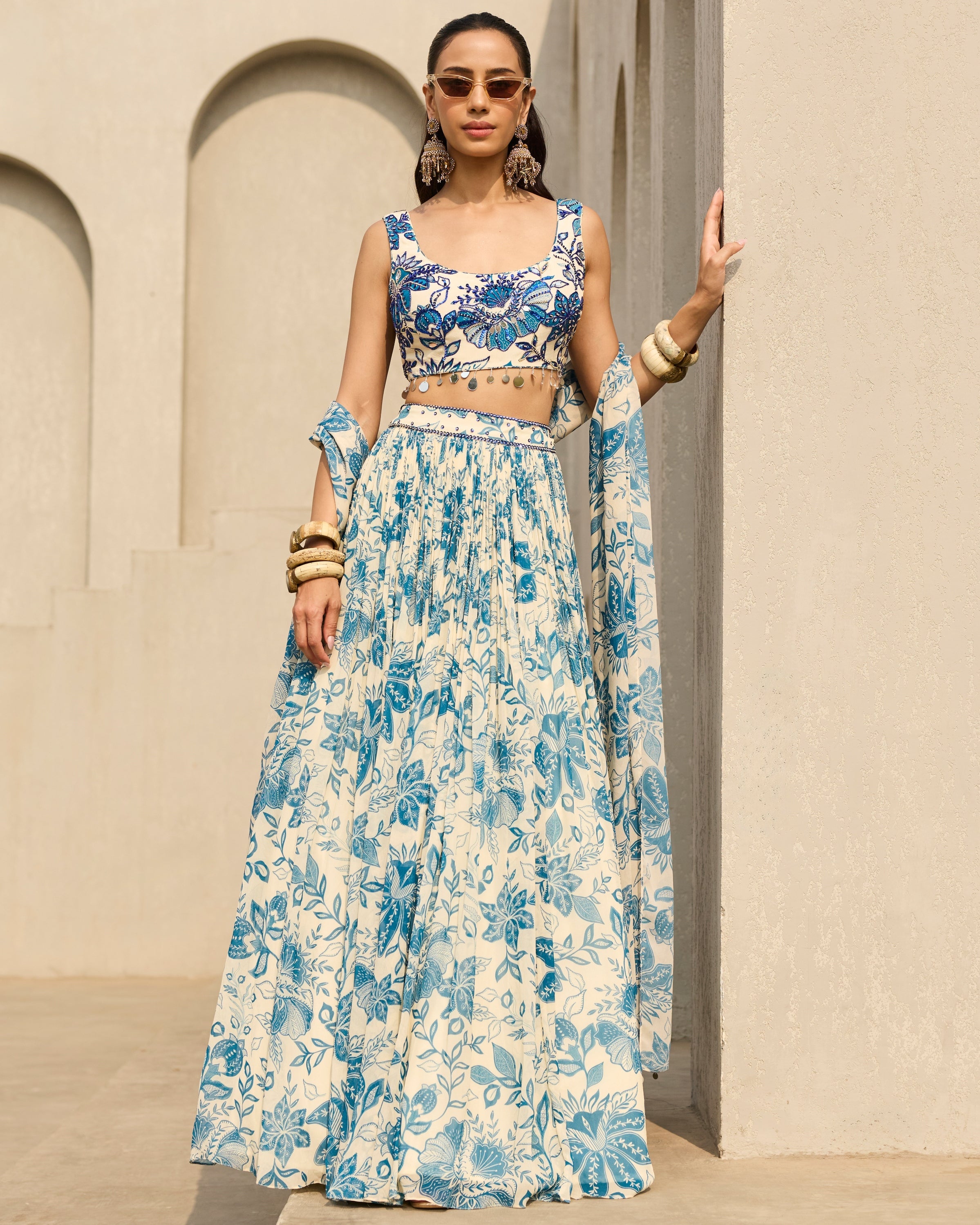 Ivory & Blue Floral Printed Lehenga Set By KYNAH, Luxury Indian Fashion & Bridal Wear