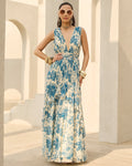 Ivory & Blue Floral Printed Dress By KYNAH, Luxury Indian Fashion & Bridal Wear