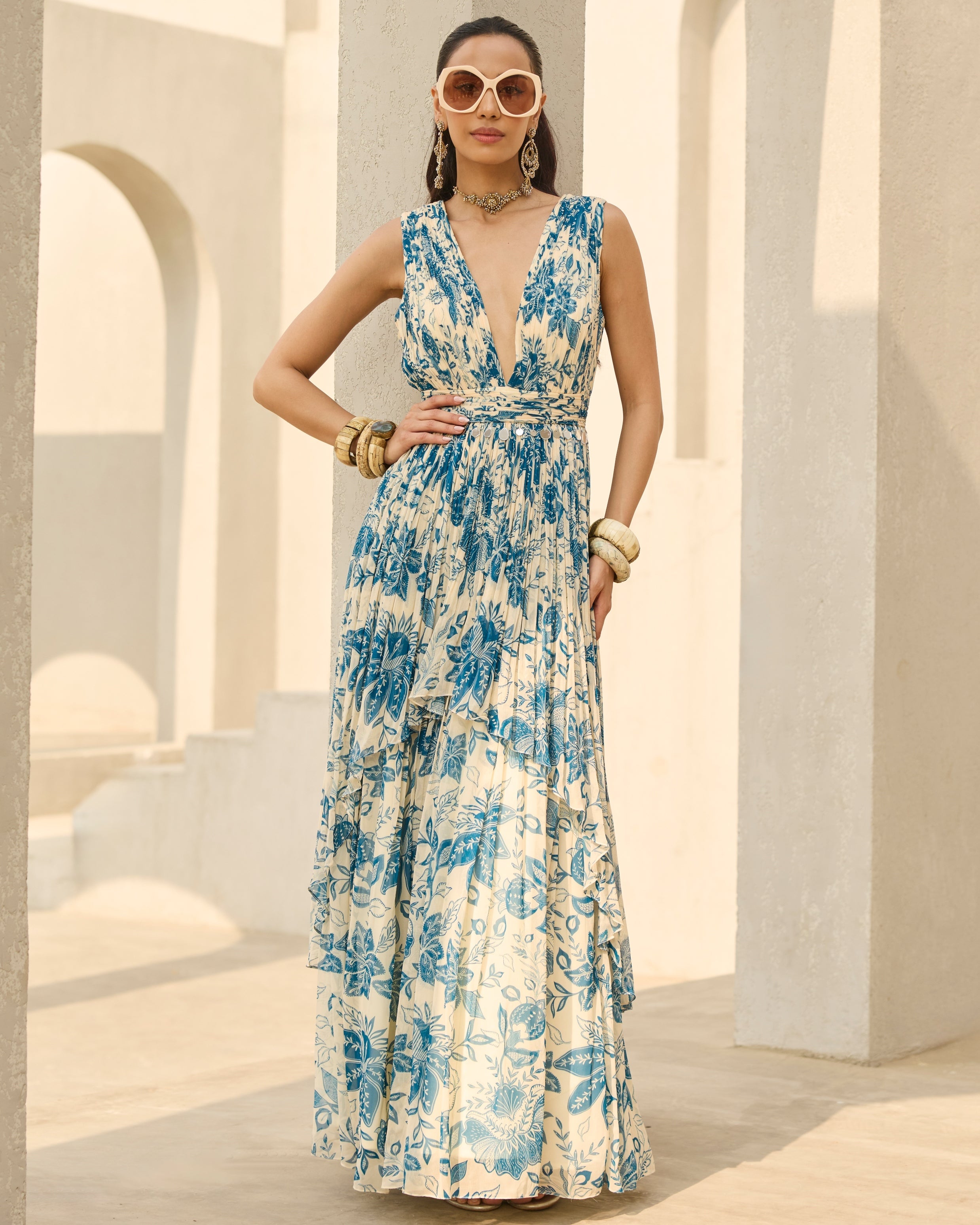 Ivory & Blue Floral Printed Dress By KYNAH, Luxury Indian Fashion & Bridal Wear