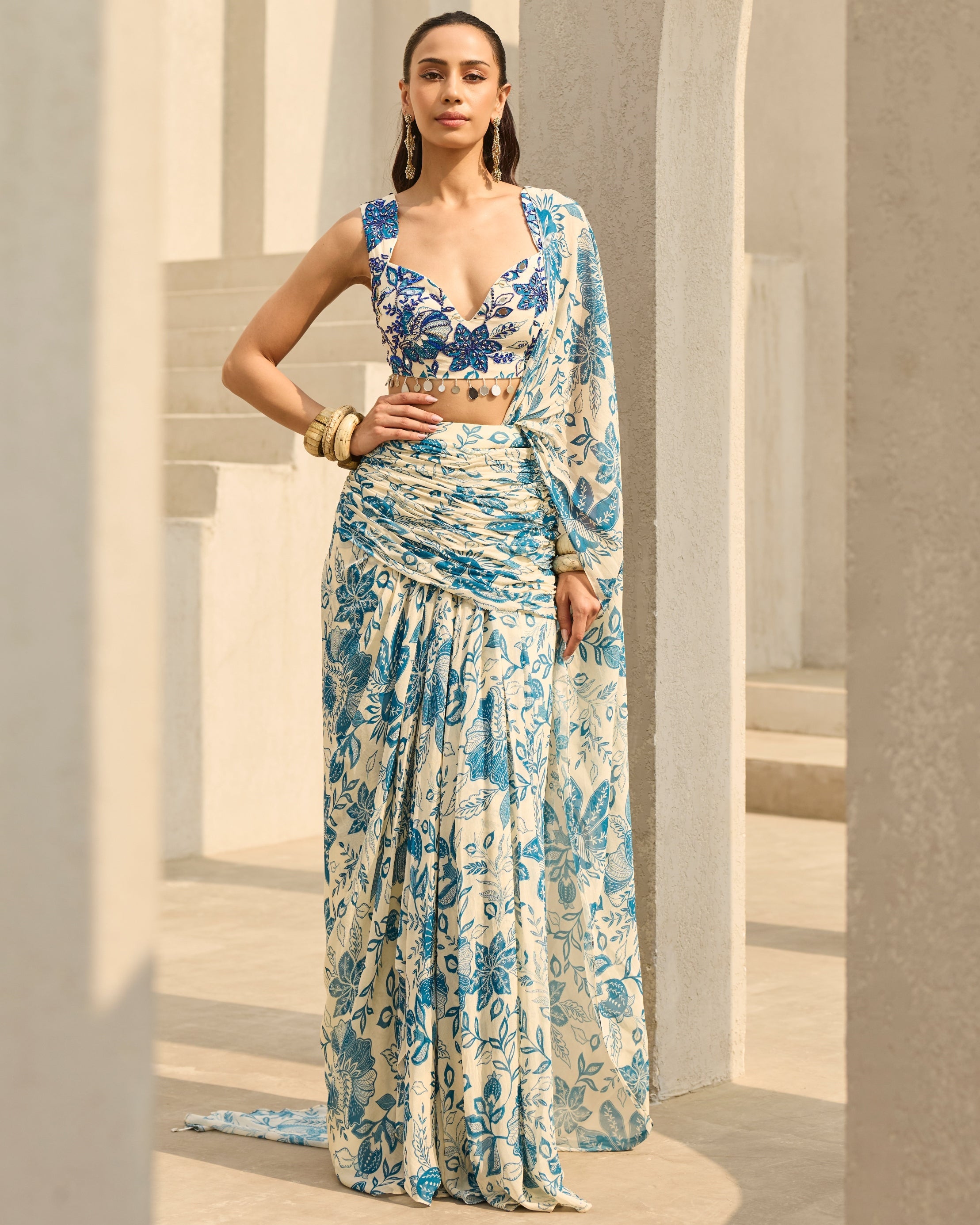 Ivory & Blue Floral Printed Sari Set By KYNAH, Luxury Indian Fashion & Bridal Wear