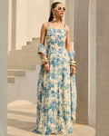 Ivory & Blue Floral Printed Dress Set By KYNAH, Luxury Indian Fashion & Bridal Wear