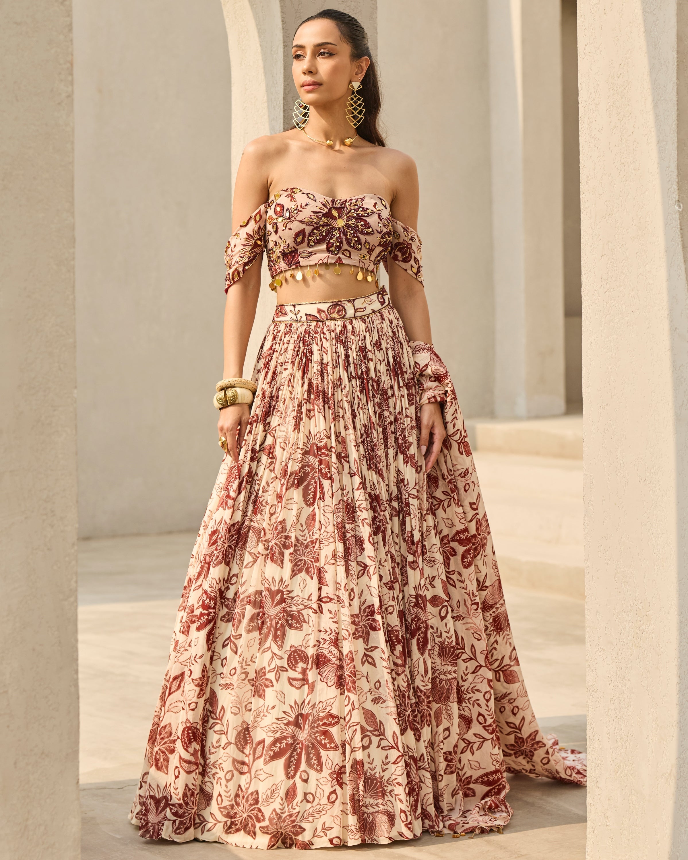 Ivory & Maroon Floral Printed Lehenga Set By KYNAH, Luxury Indian Fashion & Bridal Wear