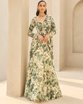 Ivory & Green Floral Printed Sari Set By KYNAH, Luxury Indian Fashion & Bridal Wear