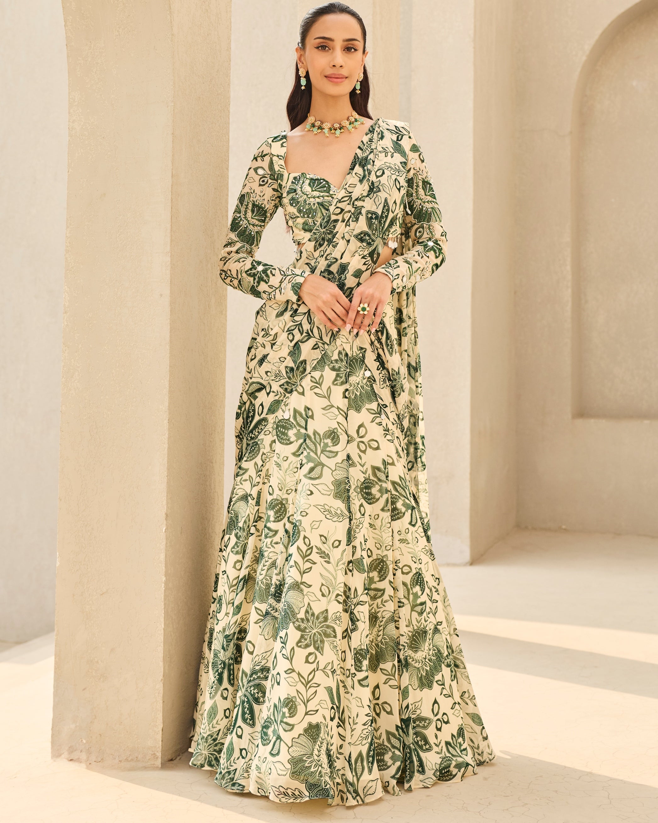 Ivory & Green Floral Printed Sari Set By KYNAH, Luxury Indian Fashion & Bridal Wear