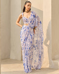 Ivory & Blue Abstract Floral Printed Sari Set By KYNAH, Luxury Indian Fashion & Bridal Wear