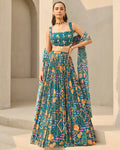 Teal Abstract Floral Printed Lehenga Set By KYNAH, Luxury Indian Fashion & Bridal Wear