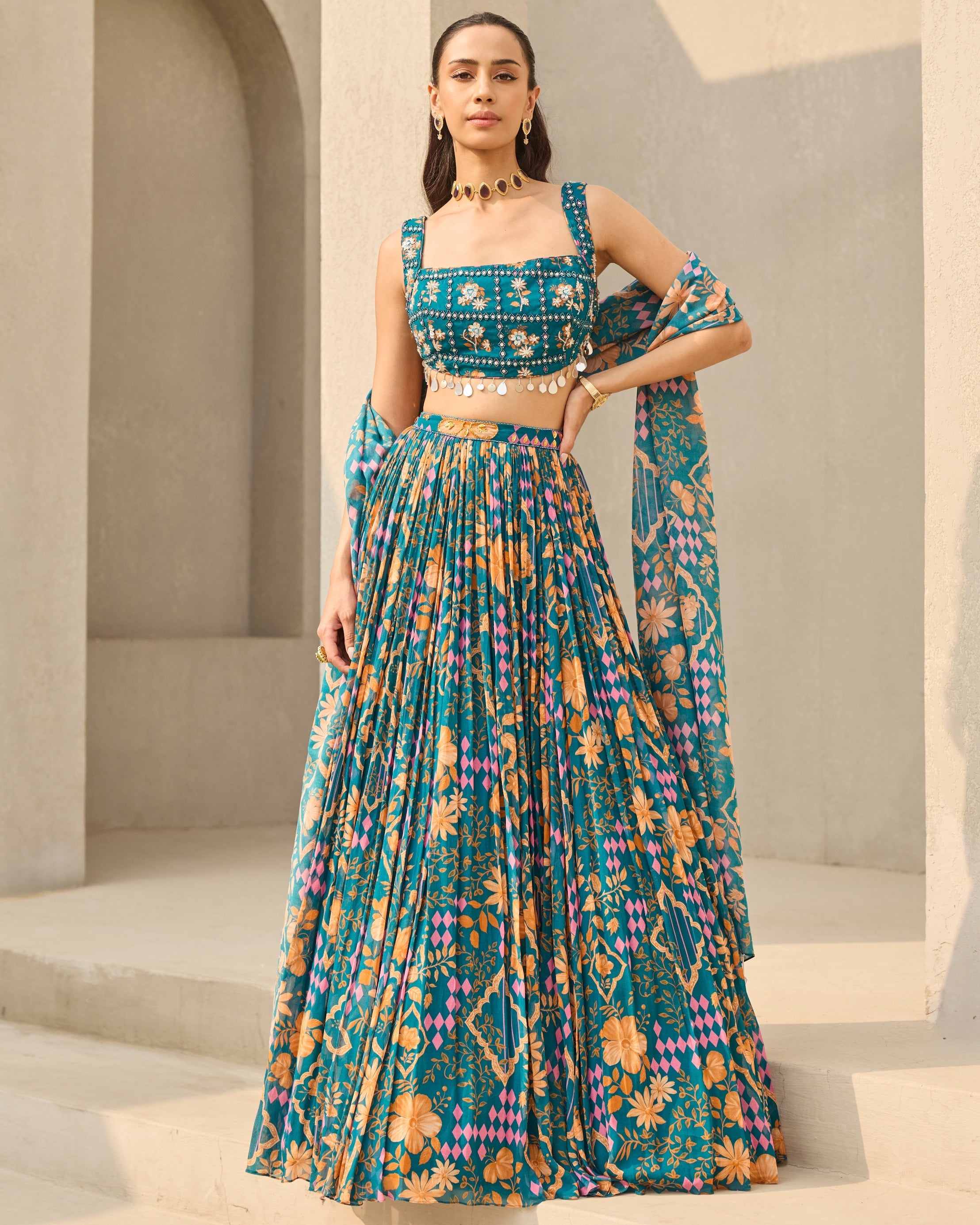 Teal Abstract Floral Printed Lehenga Set By KYNAH, Luxury Indian Fashion & Bridal Wear