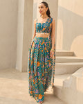 Teal Abstract Floral Printed Crop Top & Skirt Set By KYNAH, Luxury Indian Fashion & Bridal Wear