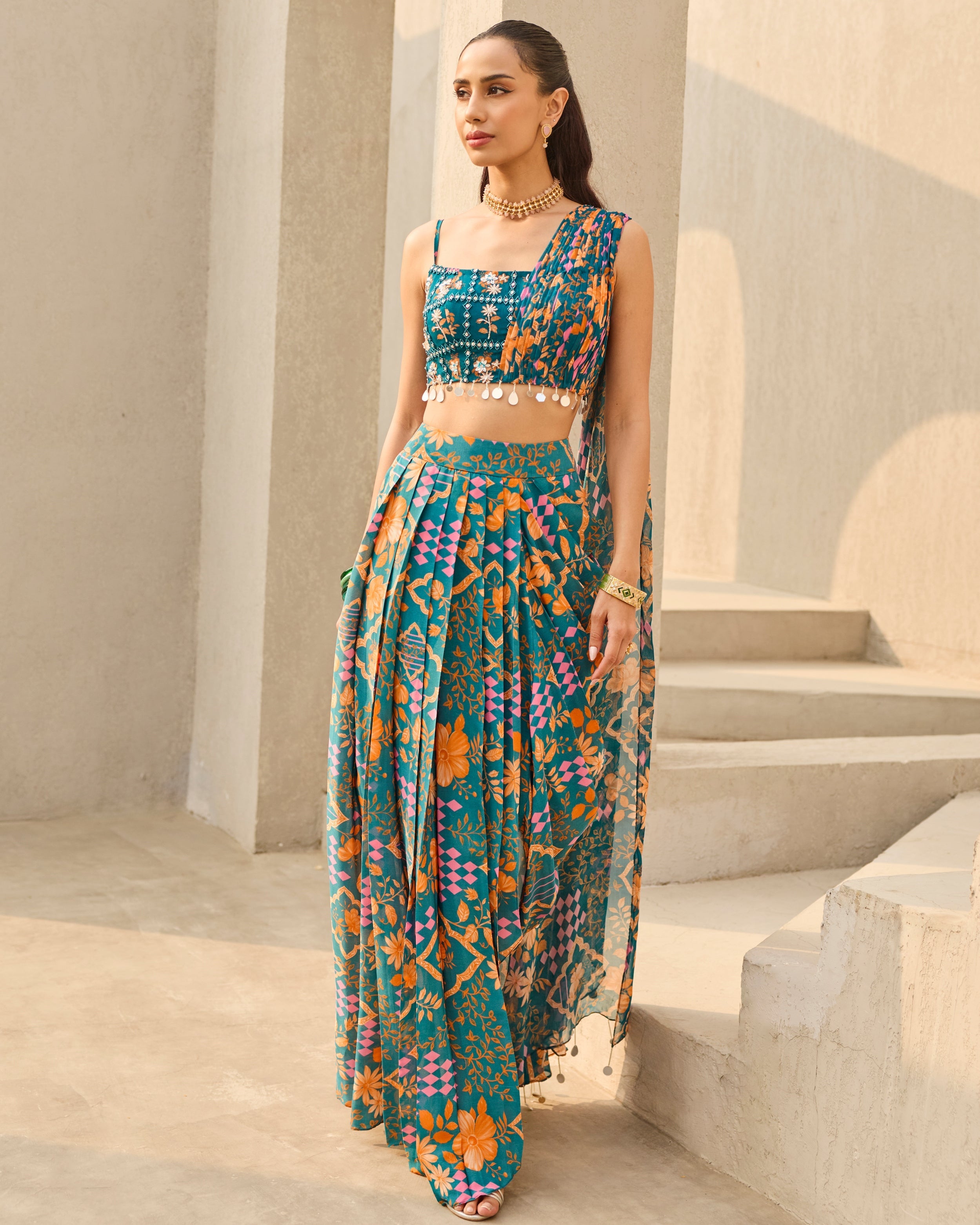 Teal Abstract Floral Printed Crop Top & Skirt Set By KYNAH, Luxury Indian Fashion & Bridal Wear