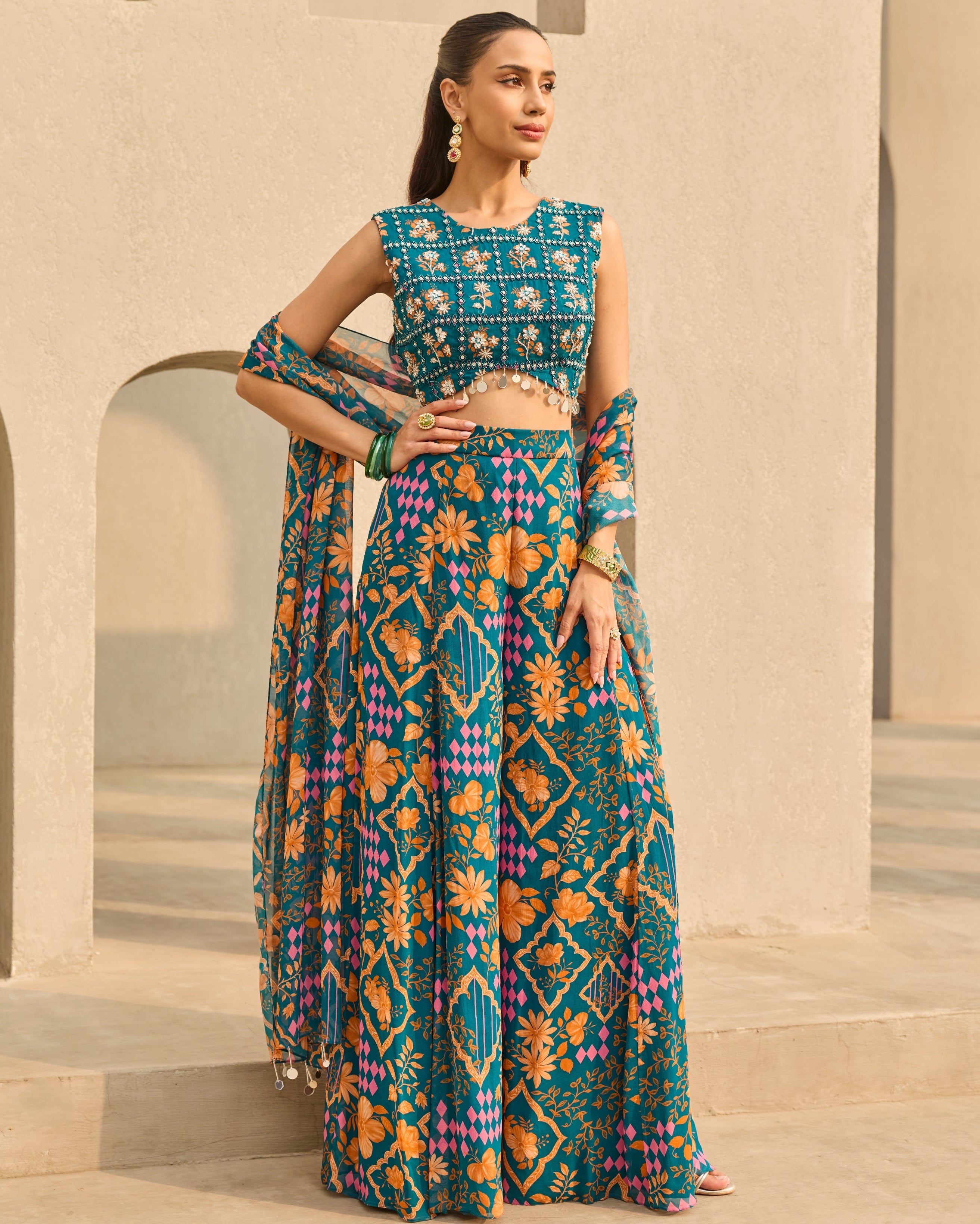 Teal Abstract Floral Printed Sharara Set By KYNAH, Luxury Indian Fashion & Bridal Wear