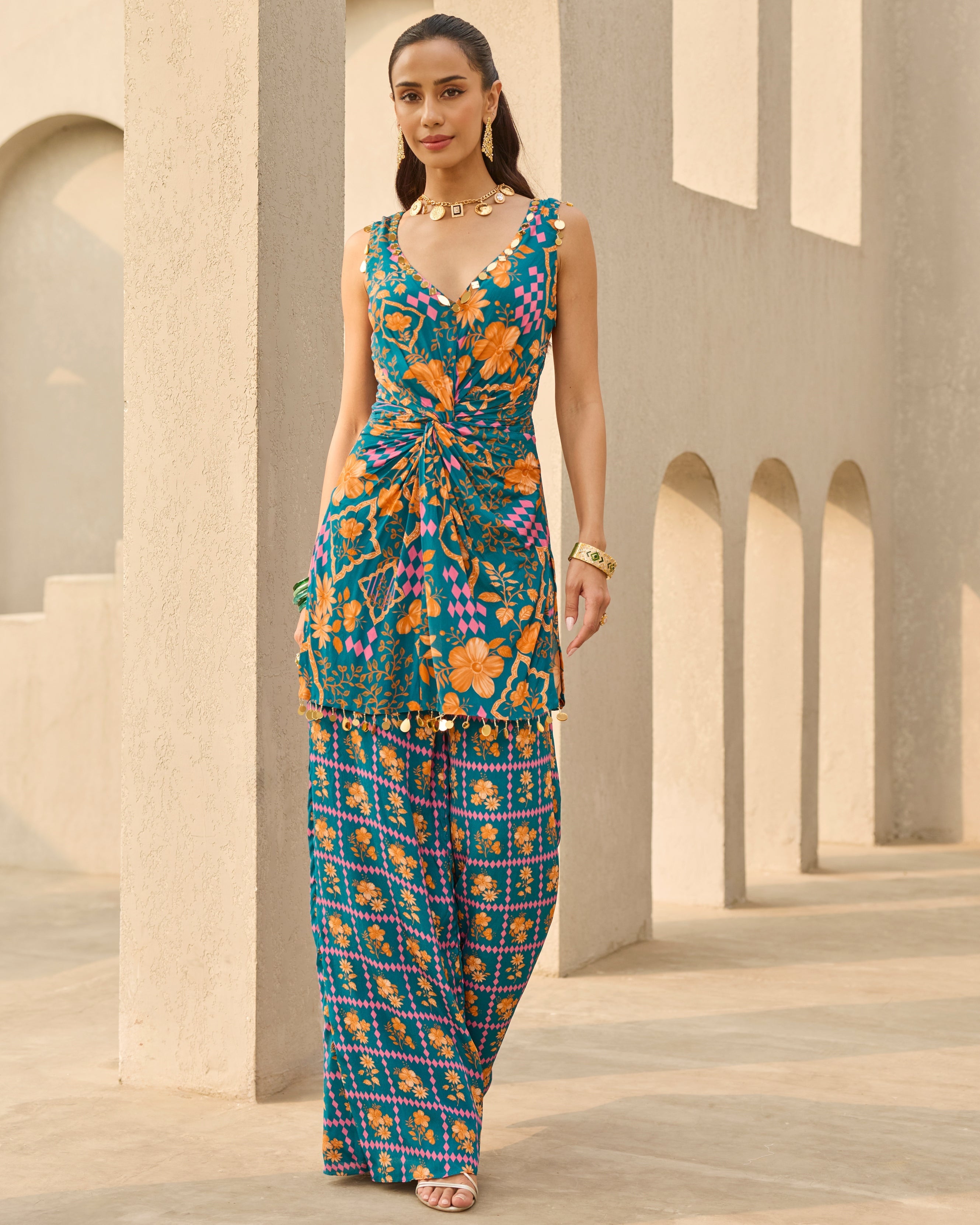 Teal Abstract Floral Printed Kurti Set By KYNAH, Luxury Indian Fashion & Bridal Wear