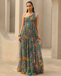 Teal Abstract Floral Printed Dress By KYNAH, Luxury Indian Fashion & Bridal Wear