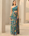Teal Abstract Floral Printed Saree Set By KYNAH, Luxury Indian Fashion & Bridal Wear