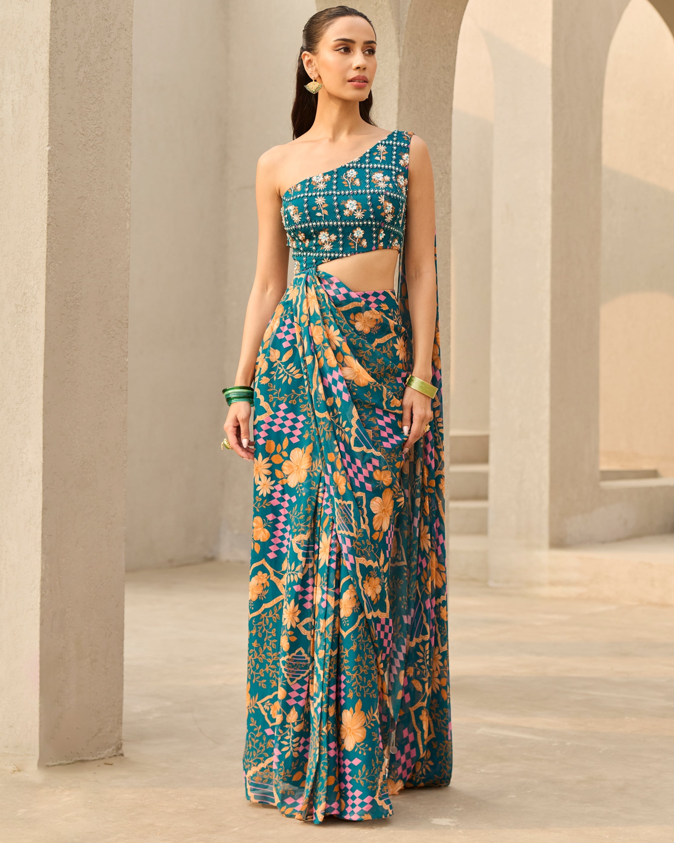Teal Abstract Floral Printed Saree Set By KYNAH, Luxury Indian Fashion & Bridal Wear