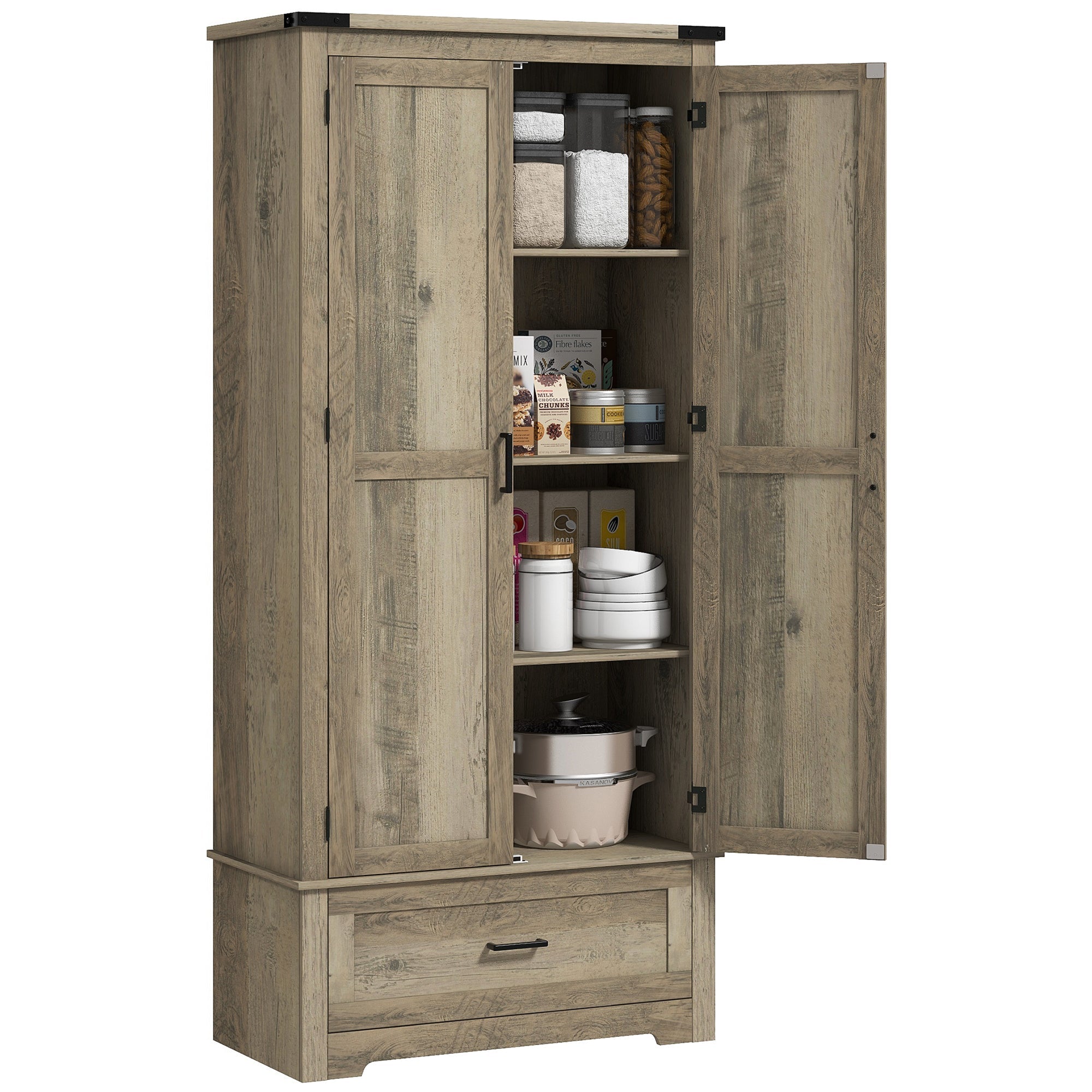 69" Tall Farmhouse Pantry Cabinet with 2 Doors Drawer & Adjustable Shelves, Grey