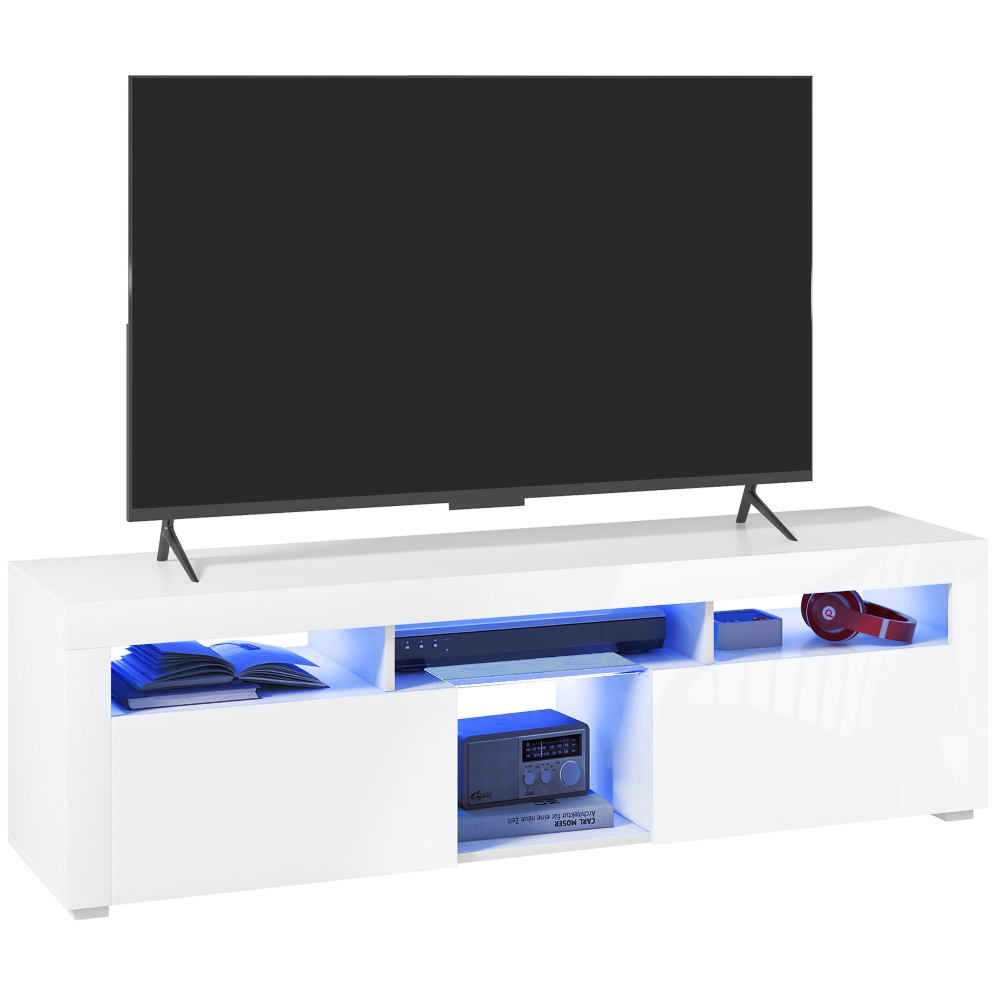 High Gloss TV Stand with LED Lights Storage Compartments for up to 55" TV, White