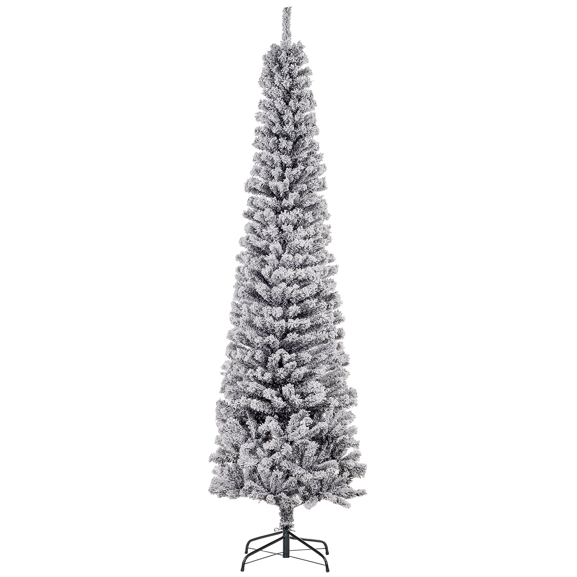 7.5ft Snow Flocked Pencil Christmas Tree, Artificial Slim Xmas Tree with Realistic Branch Tips, Folding Metal Stand, Black