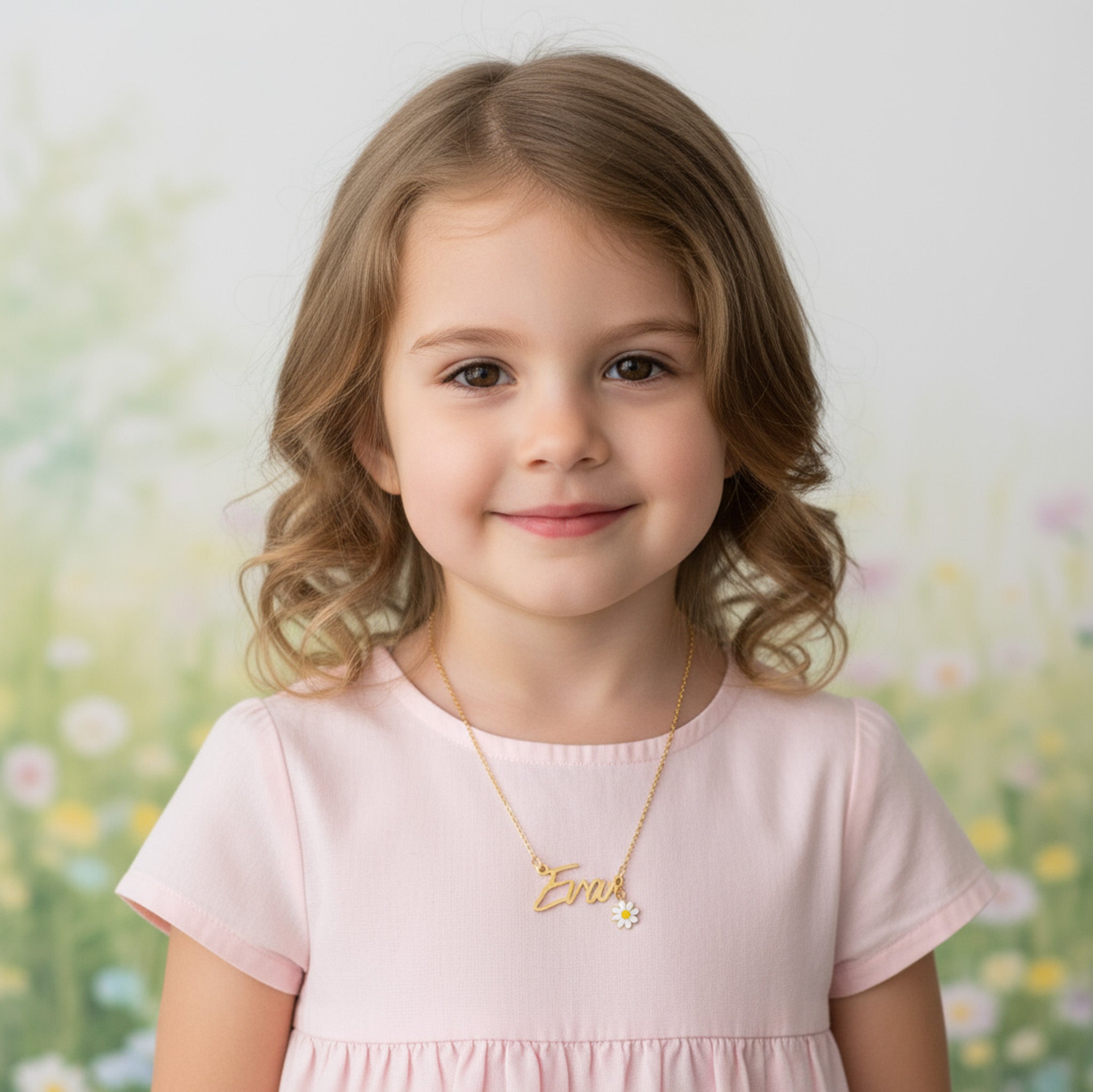 Kids Flower Girl Name Necklace with & Flower Charm - Solid Silver / Style 1