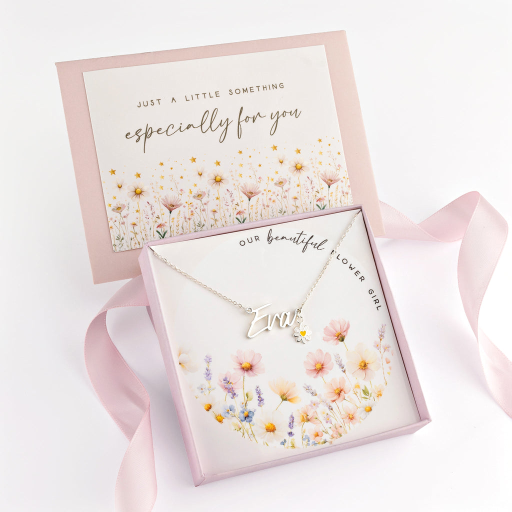 Kids Flower Girl Name Necklace with & Flower Charm - Solid Silver / Style 1
