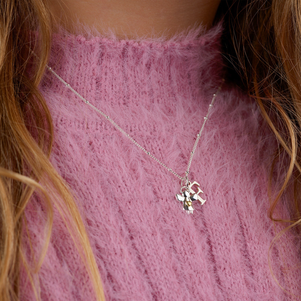 Kids Initial & Guardian Angel Charm Necklace - Silver / Style 2