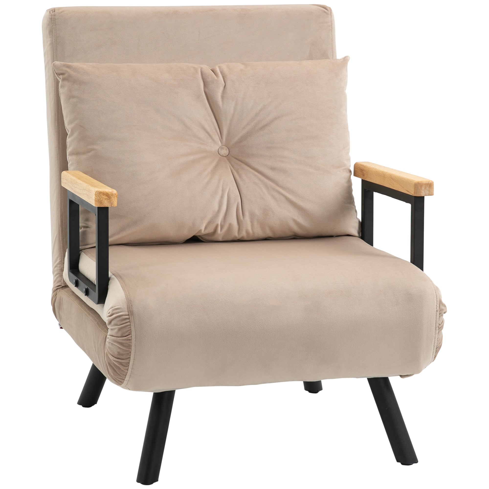 Click Clack Convertible Chair Bed with Velvet-Feel Fabric, Cushion & Wood Armrests, Beige