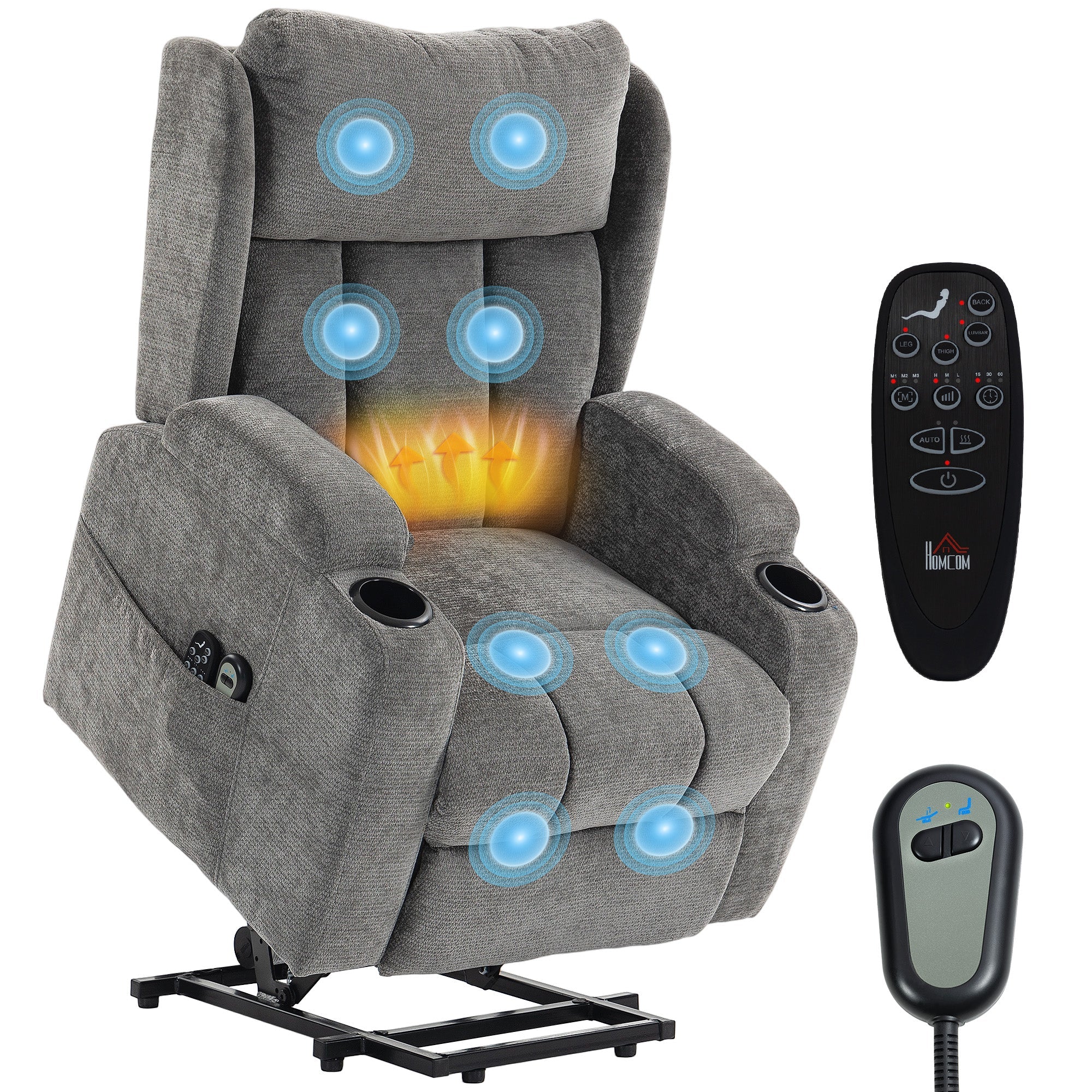 Power Lift Recliner Chair with Vibration Massage & Heat, Wide High Back, Folding Headrest, Cup Holders, Remote — Grey