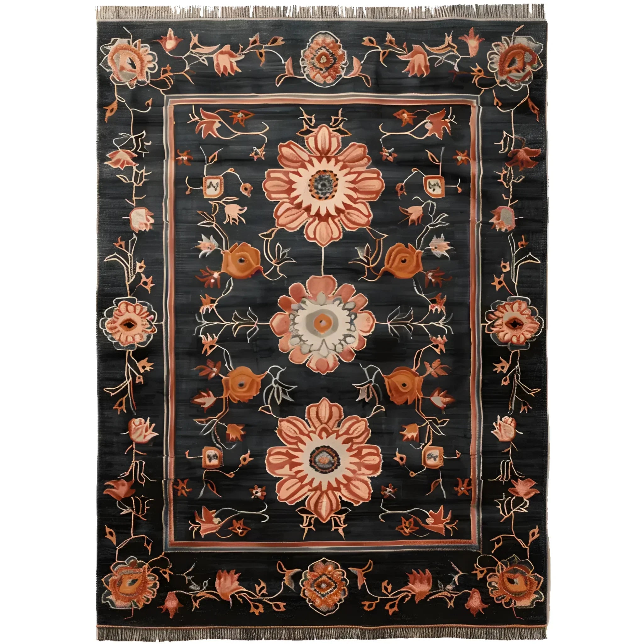 Obsidian Floral Frame Hand Knotted Rug