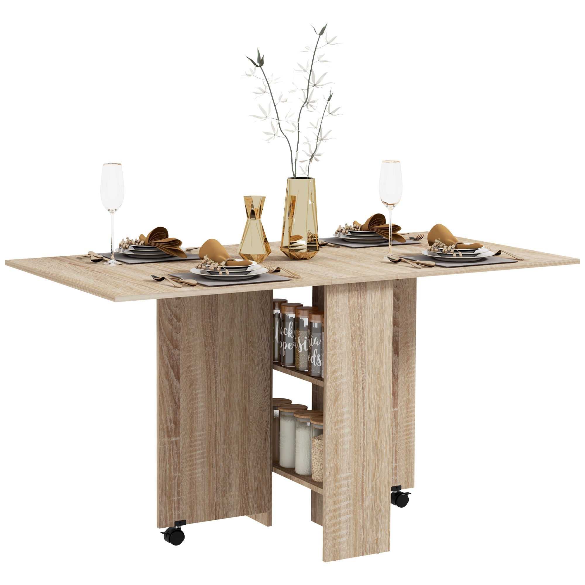 Folding Dining Table, Drop Leaf Table for Small Spaces with Rolling Casters, Natural