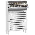Slim Shoe Cabinet w/ 3 Flip Drawers, Slatted Panels & Adjustable Shelves for 24 Pairs, White