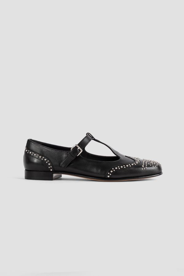 Church'S Studded Leather T-Bar Flat — Black