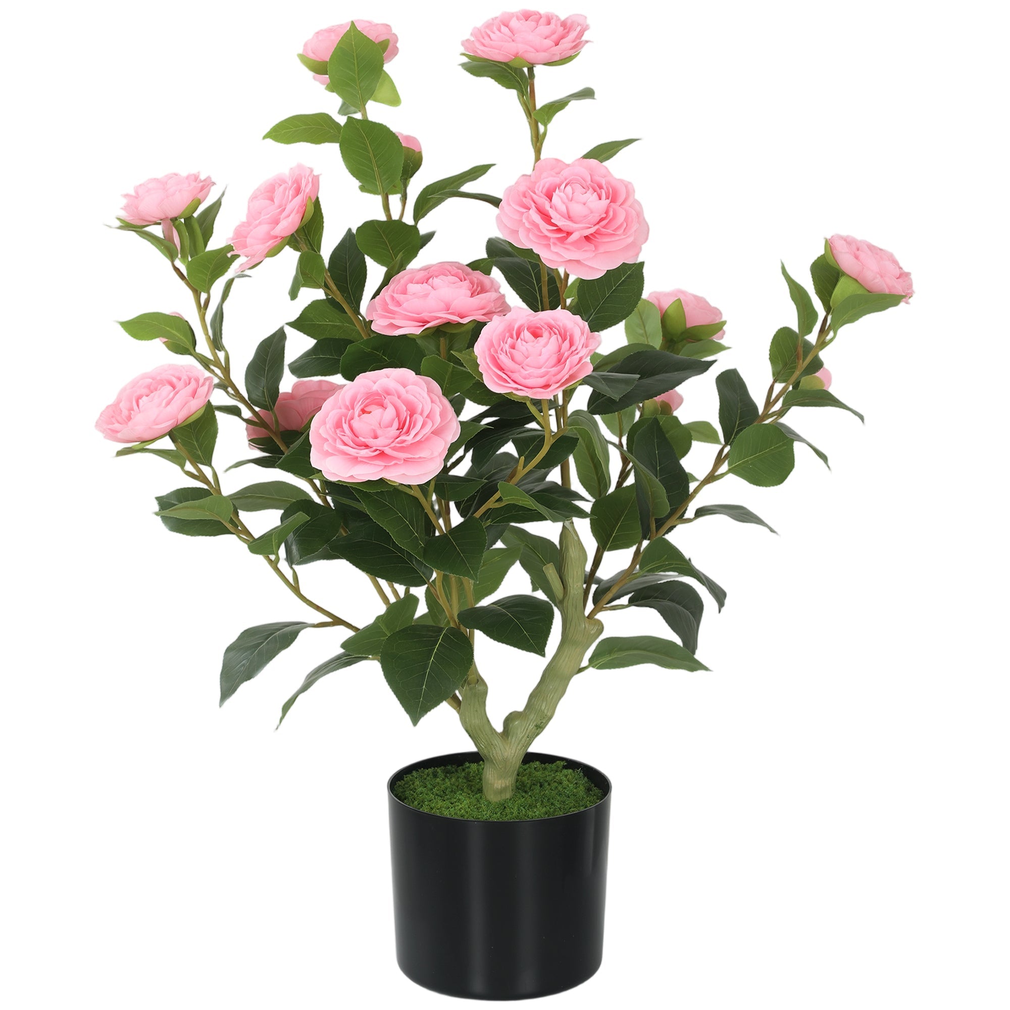 65cm Artificial Camellia Plant in Pot with 116 Leaves and Moss Effect, Pink