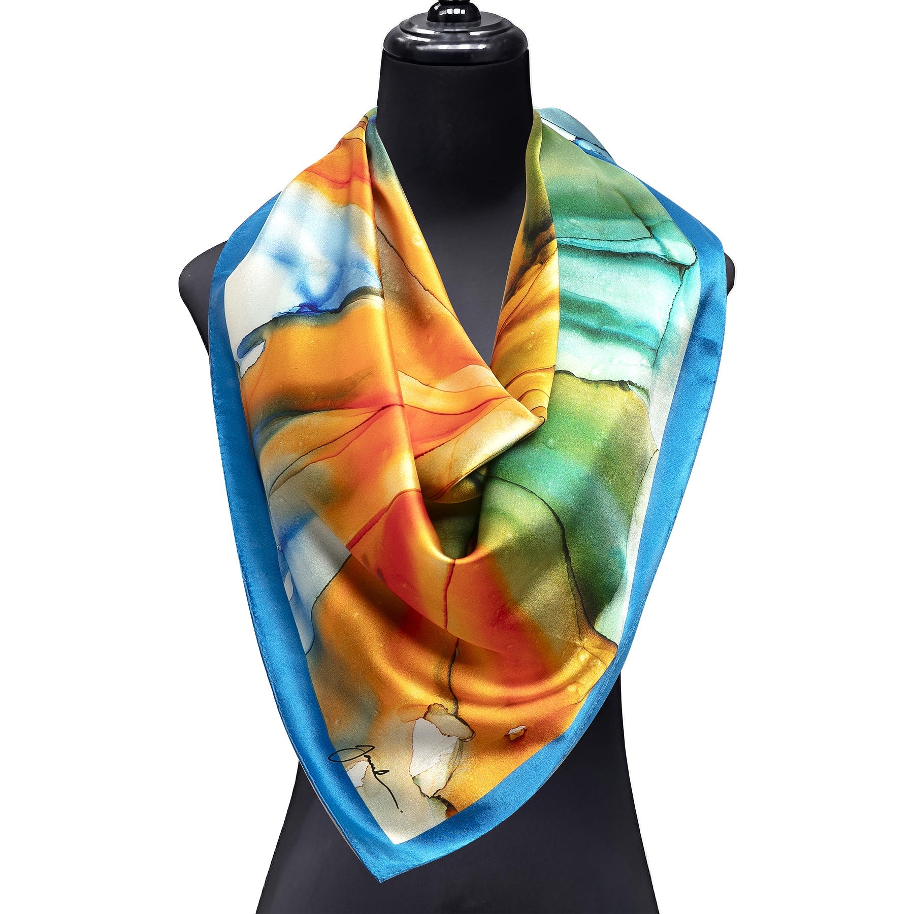 Blue and Orange Silk Scarf Square with Fluid Art Print