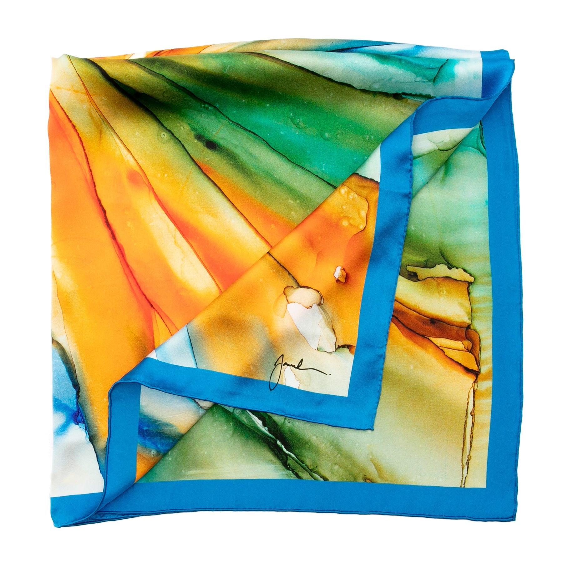 Blue and Orange Silk Scarf Square with Fluid Art Print