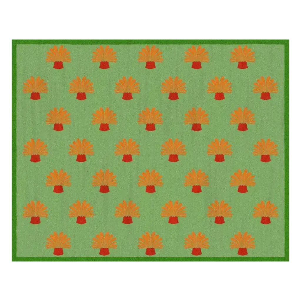 Orange Palm Trees Green Tufted Wool Rug - II