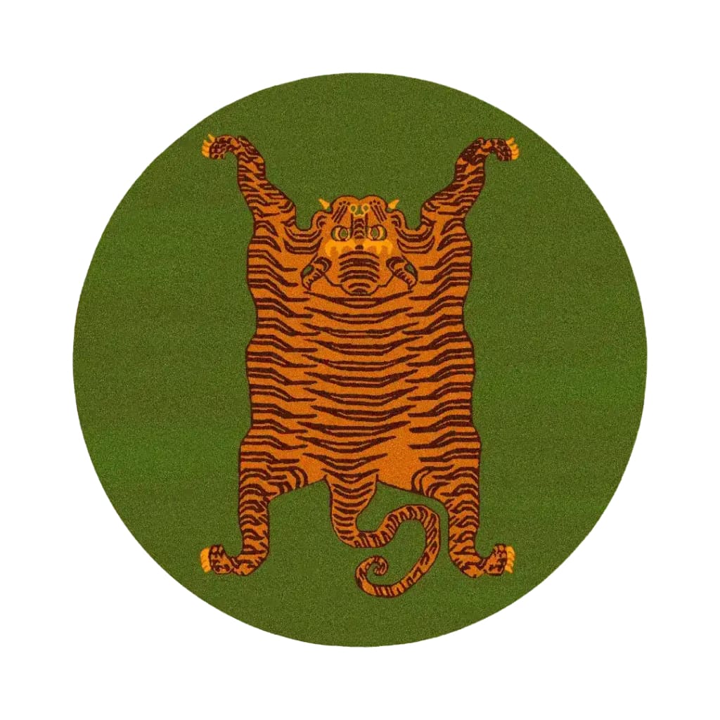 Orange Tibetan Tiger Green Hand Tufted Round Rug