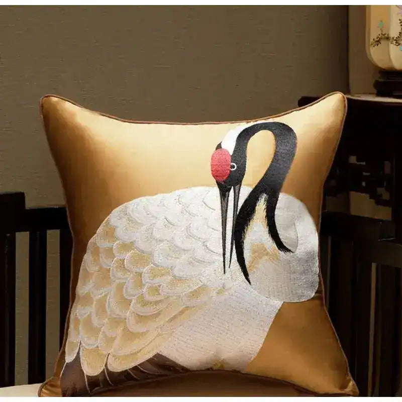 Oriental Crane Embroidered Satin Throw Pillow Cover