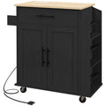 Rolling Kitchen Island with Power Outlet Towel Rack and Spice Rack, Black