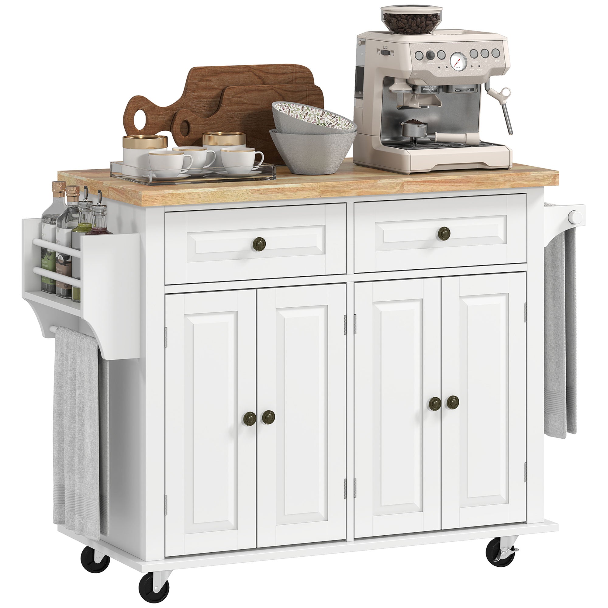 GlideSpace Rolling Kitchen Island with Rubberwood Top and Spice Rack for Kitchen, White
