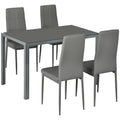 5-Piece Rectangular Glass Kitchen Table and 4 Faux Leather Chairs, Grey