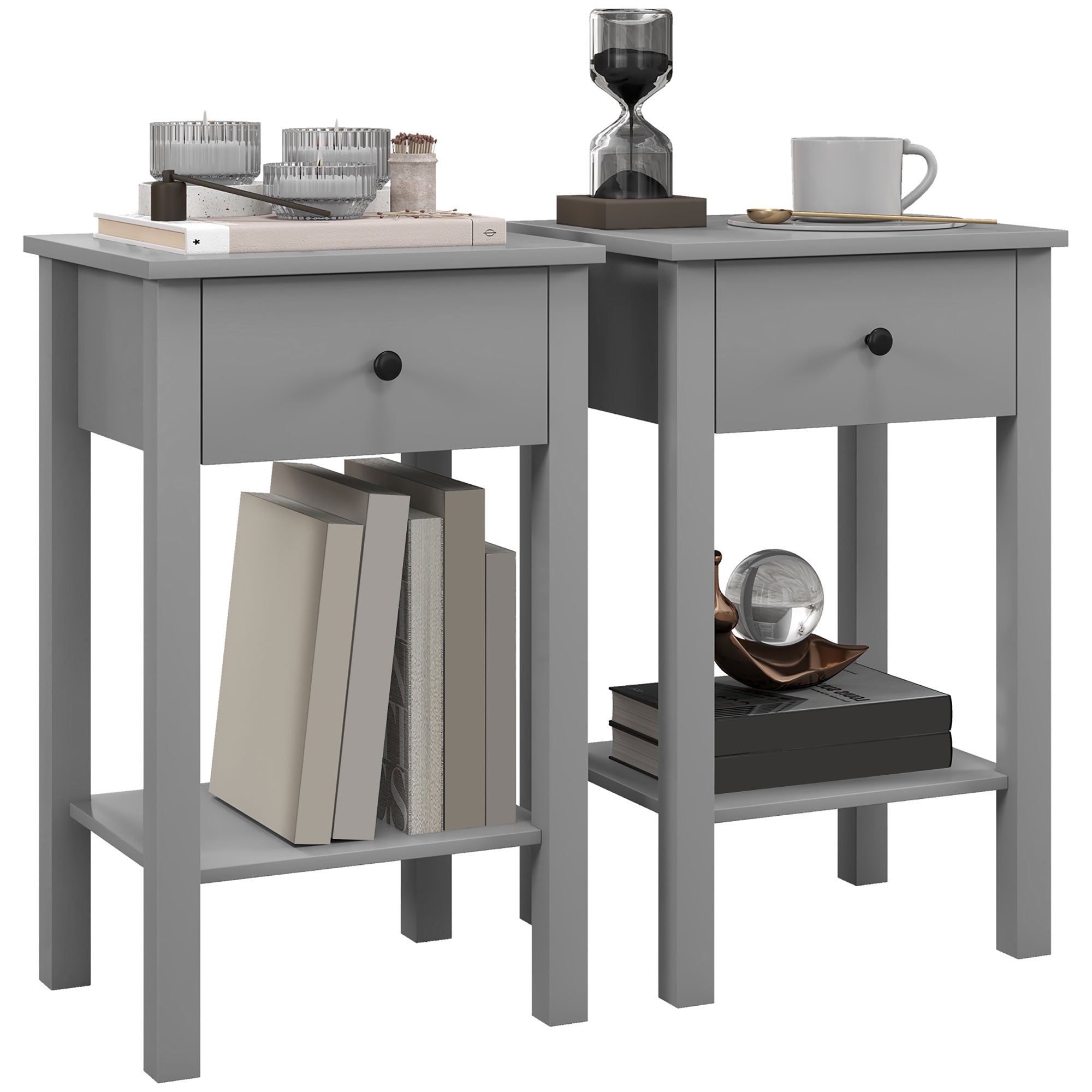 Set of 2 Side Tables with Drawer & Bottom Shelf, Grey