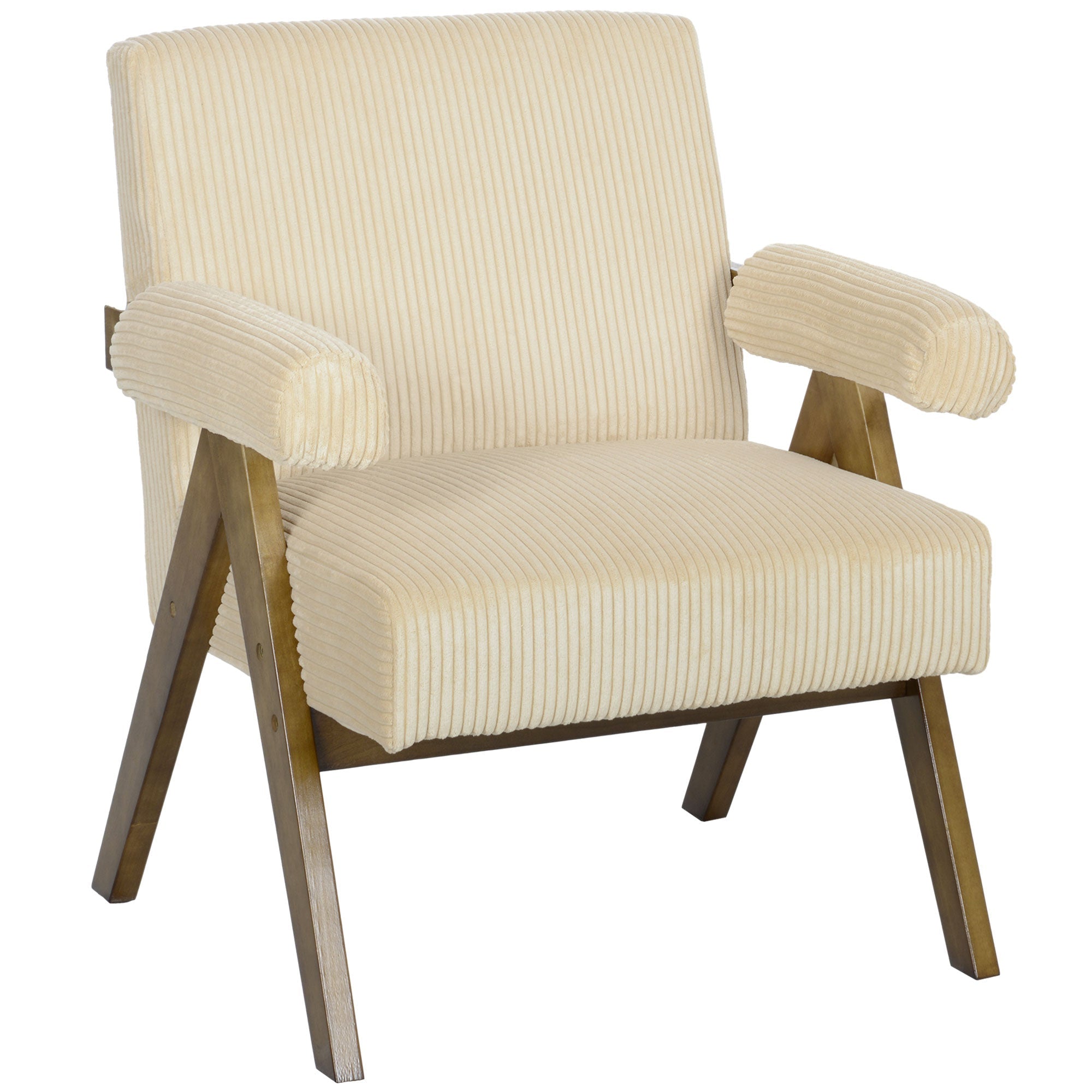 Wide Seat Corduroy Accent Chair with Padded Armrests & Solid Wood Legs Beige